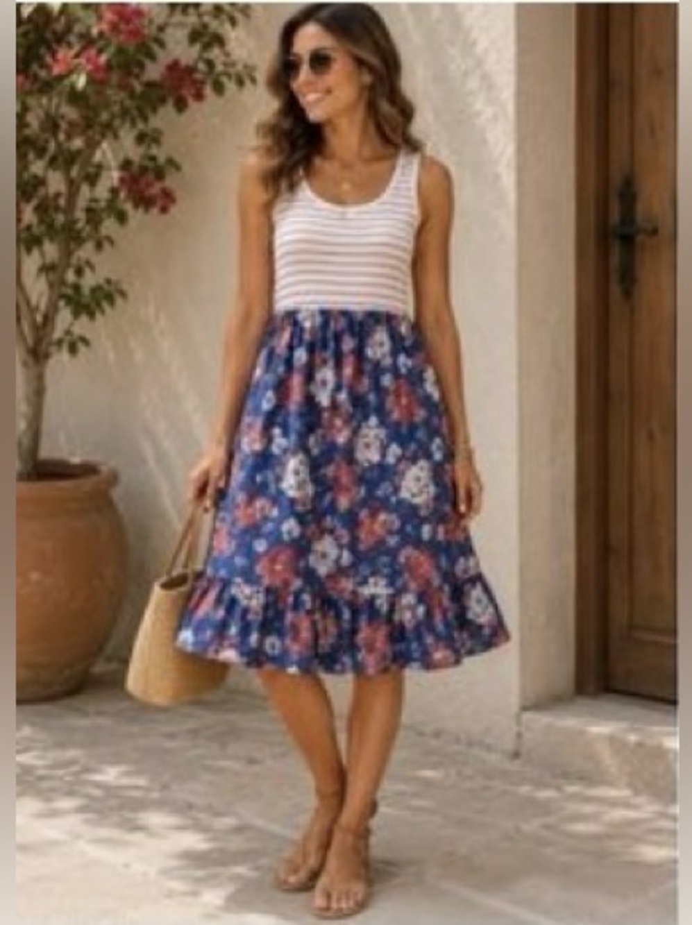 Matilda Jane “Roll With It" scoop-neck,tiered, midi dress. Cream, Coral, Navy. L